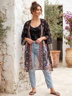 Express Black Sheer Floral Kimono/swim cover up with Coral and Blue Blooms